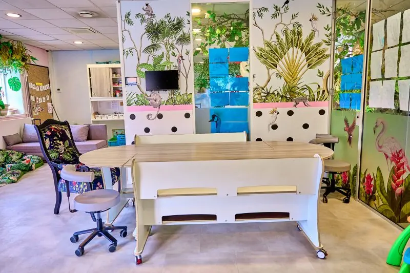 Hoek met bureau, stoeltjes en jungle