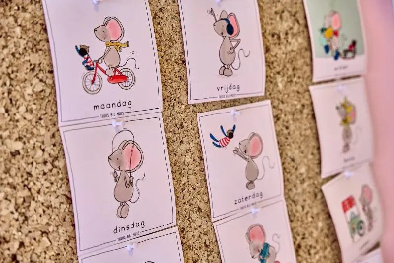 Dagkaarten met muizen voor maandag tot en met vrijdag