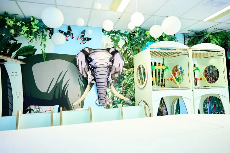 Groepsruimte met een olifant op de muur en speelhuisjes